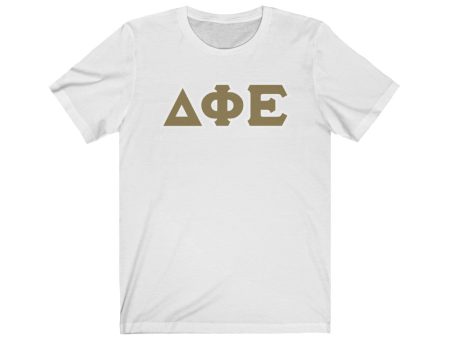 Delta Phi Epsilon Printed Letters | Gold with White Border T-Shirt Online Sale