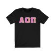 Alpha Omicron Pi Printed Letters | Bubble Gum with Grey Border T-Shirt For Discount